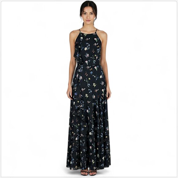 Fame and Partners Black Valentina Floral Ruffle Evening Gown Dress NWT 2 and 4 - Picture 1 of 9